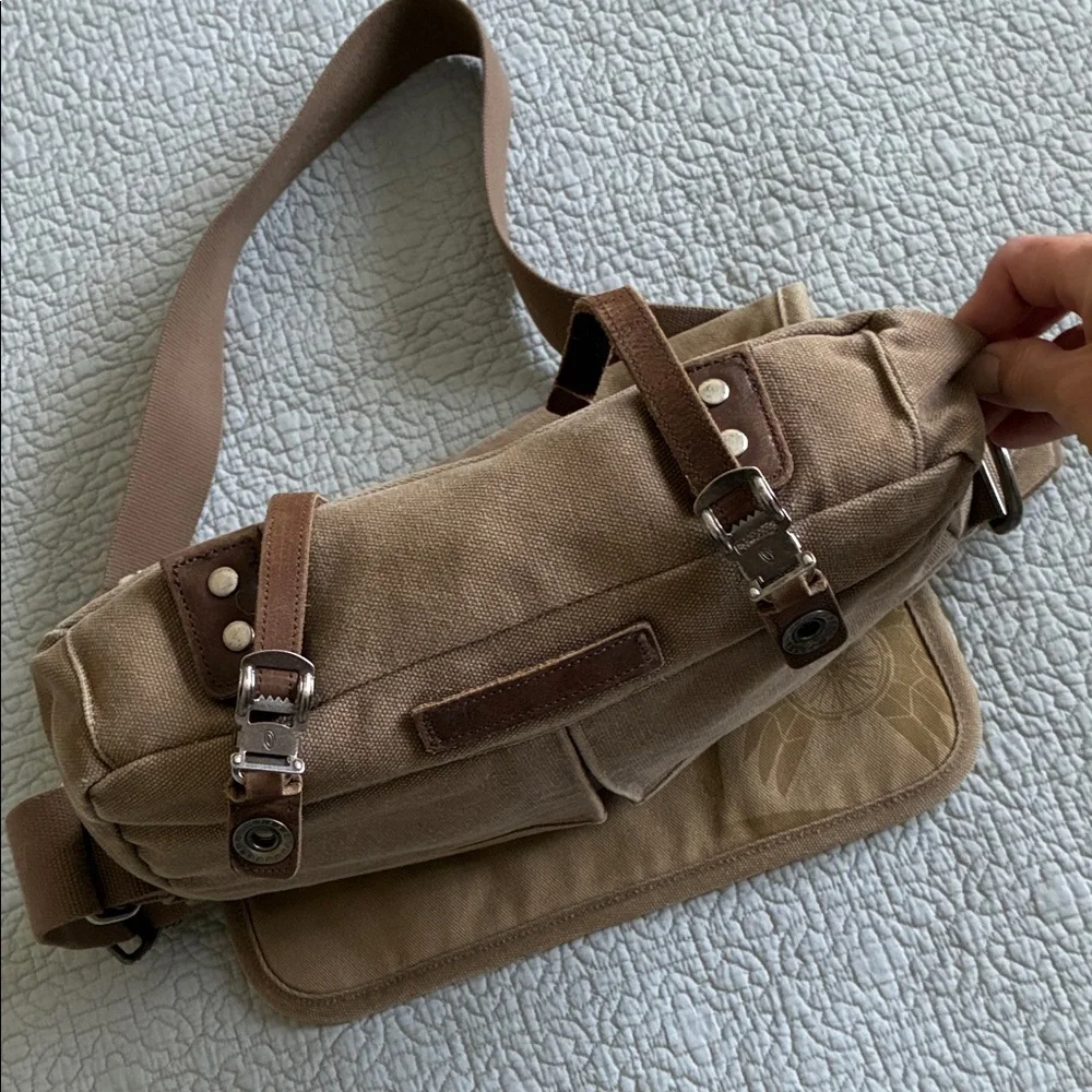 Timbuk2 Tan Canvas Single Speed Messenger Crossbody Bag Leather Trim Y2K Vintage
